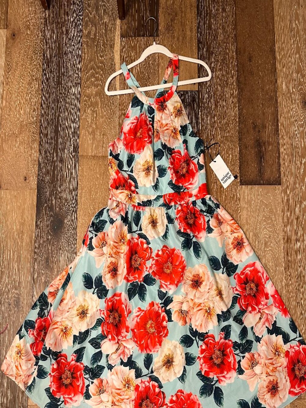 Unique Vintage Floral Cross-Back Halter Sundress Mint Blue NWT XL